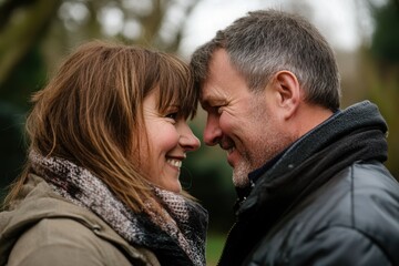 Obraz premium A couple in love in the park looking at each other with a smile. 