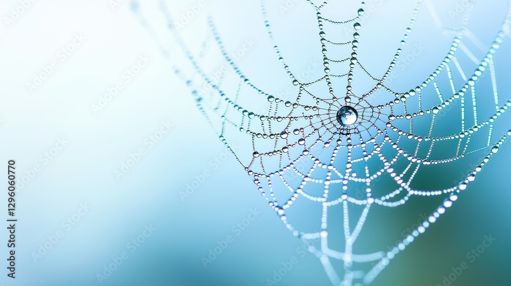 Wall mural a close up macro shot of a spider web with water droplets clinging to the silken threads, showcasing