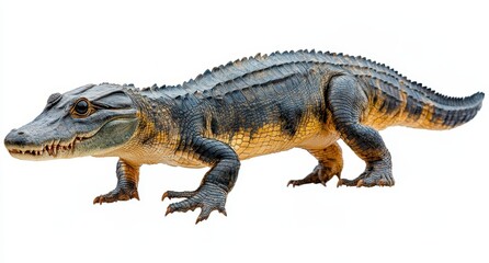 Obraz premium Detailed View of a Prehistoric Crocodile-like Reptile with a Powerful Frame and Distinctive Features on a White Background