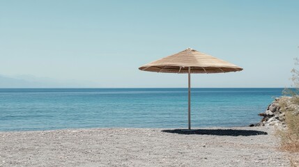 Solitary Straw Beach Umbrella Overlooking Calm Ocean