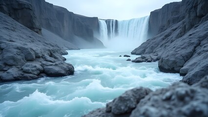Majestic Waterfall Scenery: Turquoise River Flowing Through Rocky Canyon, Iceland Landscape