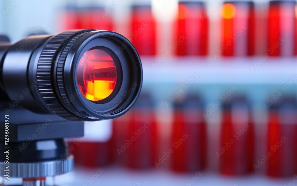 Poster Close up view of a scientific lens with a red light filter a laboratory setting with blurred vials in the background for research and development