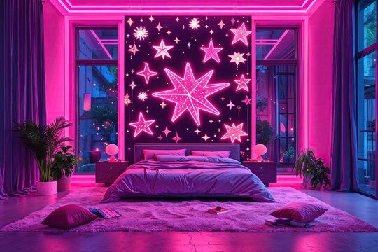 Bright Neon Pink Canvas Art with Stunning Twinkling Stars Illustration