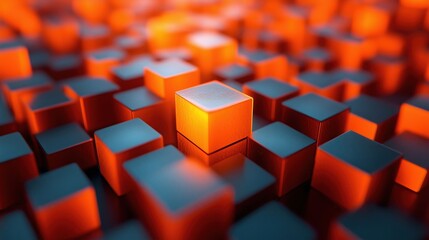 Vibrant orange cubes arranged in a linear pattern on an abstract backdrop