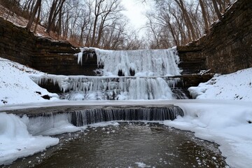 Frozen waterfall encased in layers of glistening ice, deep blue hues contrasting with the stark white winter landscape