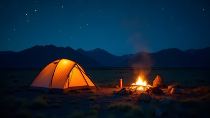 Camping Under the Stars: A Cozy Tent and Campfire at Night in a Mountain Wilderness. 