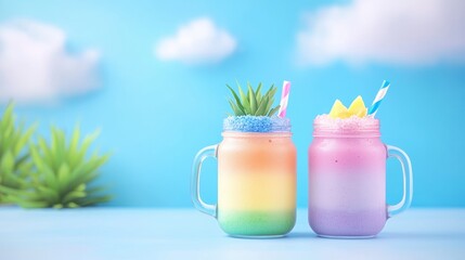 Two mason jars filled with colorful layered smoothies, showcasing a variety of fruits, vegetables, and superfoods blended to perfection.