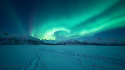 Naklejka premium Spectacular Aurora Borealis over Snowy Mountain Landscape in Winter Night