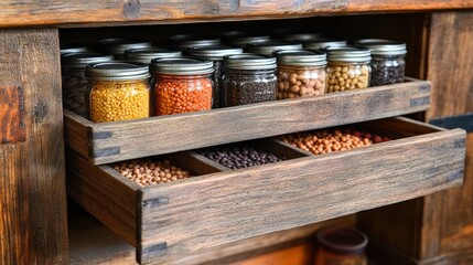 Wooden pantry drawer filled with various grains and legumes