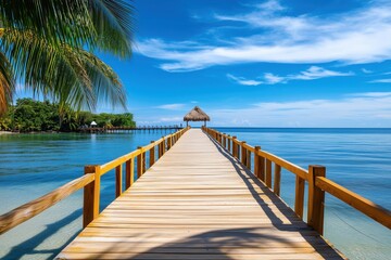 Fototapeta premium Stunning panoramic view of a long wooden pier extending into a vibrant turquoise tropical ocean under a clear blue sky