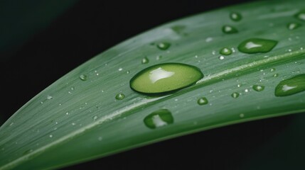 Shimmering droplets resting on vibrant green leaf create serene