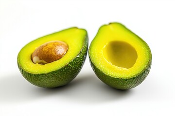 Halved ripe avocado with pit removed, decorative arrangement, isolated on white background