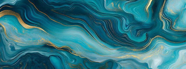 Obraz premium Abstract blue and teal marble pattern with gold accents, flowing lines creating an elegant design 