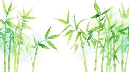 Obraz premium Bamboo Serenity, a vibrant watercolor illustration of towering green bamboo stalks swaying in the wind, embodying Zen simplicity against a clean white background, ideal for clipart.