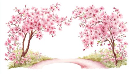 Fototapeta premium Charming Cherry Orchard, Lush blossoming fruit trees lining a winding dirt path, Evoking sweet simplicity and serenity, Ideal for whimsical designs and cheerful projects
