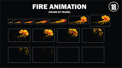 Sprite sheet animation of fire, fire balls, flaming rock, firey claw, fire explosion, firethrower, torch, campfire, fire trap, fire pillar, frame by frame animation of fire. © Samiya 