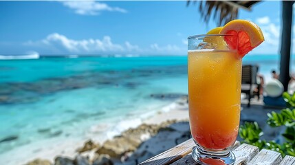 Obraz premium A stylish beach cocktail featuring a frosty glass with colorful fruit garnishes placed on a picnic table with a panoramic view of the ocean and horizon