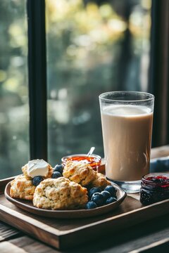 Delicious baked goods paired with fresh berries and creamy bever