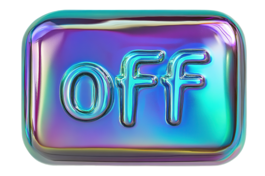 Shiny, holographic toggle switch with "OFF" text, reflecting modern design trends and usability