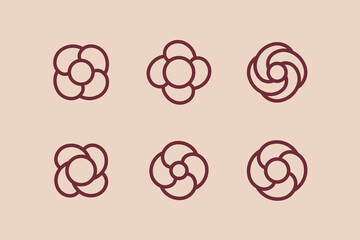 Flower design element with spiral. Set of 6 geometric shape with swirl element. Modern linear design emblem of bloom.