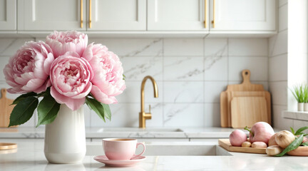 A bouquet of pink peonies sits on the marble countertop. The soft petals contrast with the modern kitchen design. Sunlight streams in through the large window.
