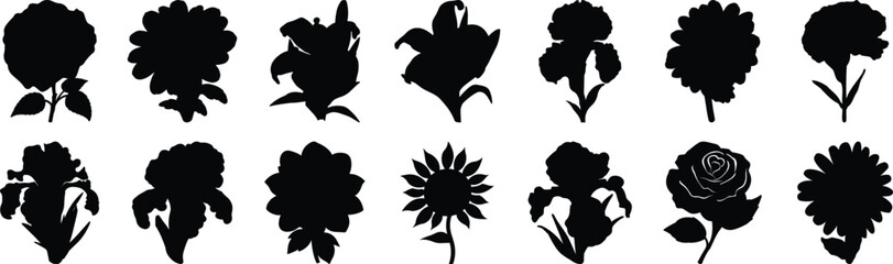 Flower silhouettes set, plant pack of vector silhouette design, isolated background