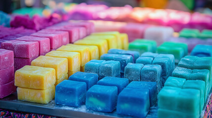 Fototapeta premium An array of vibrant, multicolored confectionary treats. The sweet, sugary blocks feature assorted flavor profiles and make for a sweet treat.