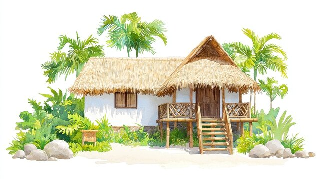 Charming watercolor illustration of a Filipino Bahay Kubo, featuring lightweight bamboo construction and thatched roofs, set against a clean white background, perfect for digital use.