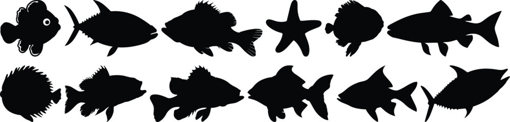 Fish silhouettes set, sea pack of vector silhouette design, isolated background