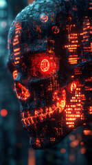 Cyber attack in progress with digital skull made of binary code and neon red warning symbols showcasing a futuristic hacker intrusion scenario