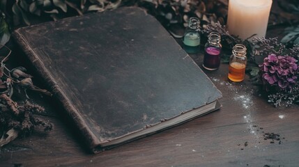 Ancient book rests on wooden surface surrounded by herbs and col