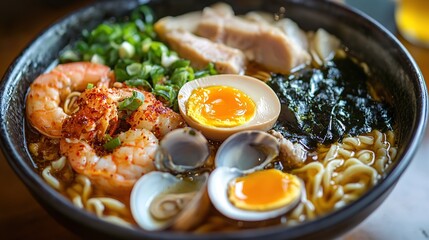 A delicious seafood ramen soup dish containing shrimp, clams and boiled eggs