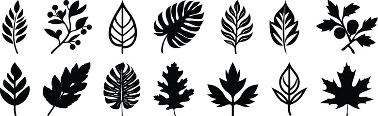 Leaf silhouettes set, tree pack of vector silhouette design, isolated background