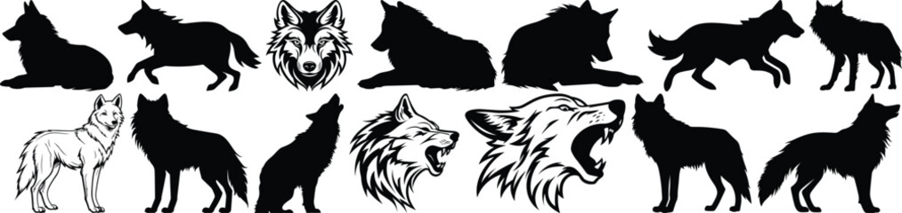 Wolf silhouettes set, animal pack of vector silhouette design, isolated background