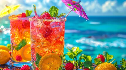 A close-up of a tropical mocktail in a condensation-covered glass topped with a cocktail umbrella and fresh mint with a sunlit ocean horizon behind