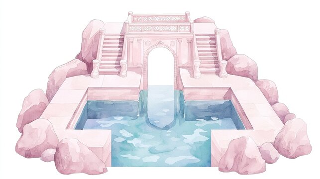 Intricate Watercolor Illustration of Indian Stepwells, Multi-tiered Water Reservoirs with Elaborate Stone Staircases, Showcasing Ingenious Engineering in Vibrant Watercolor Style on White Background