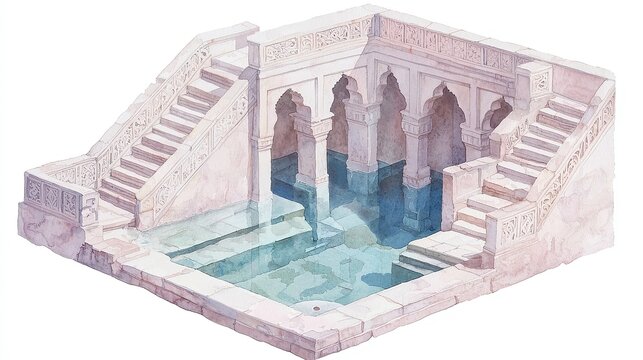 Wholesome watercolor illustration of Indian stepwells featuring multi-tiered reservoirs, intricate stone staircases, showcasing ingenious engineering, isolated on white background.