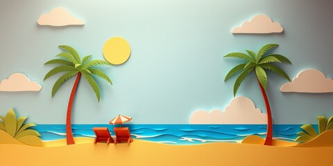 Obraz premium Tranquil Beach Scene with Palm Trees and Relaxing Chair Inviting Peaceful Moments in Nature's Beauty
