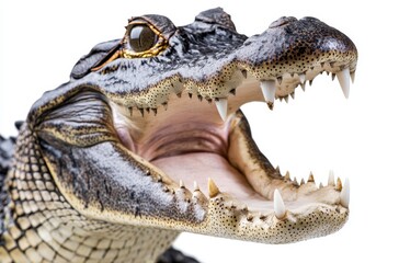 Obraz premium Fierce Alligator Portrait with Open Mouth Captured in Studio Setting Against White Background for Nature and Wildlife Photography