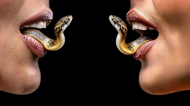 A captivating portrayal of a woman&rsquo;s lips with a snake replacing the tongue, representing themes of conflict, gossip, and deceit. This artwork embodies the tension between beauty and peril.