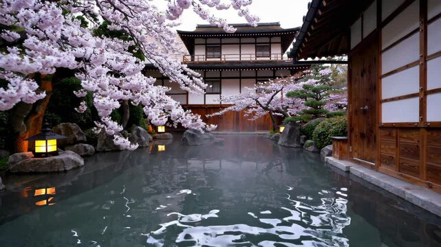 Traditional Ryokan Onsen: A Serene Outdoor Hot Spring with Cherry Blossoms