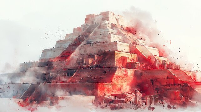 Wholesome watercolor illustration of Mesopotamian ziggurats featuring massive terraced pyramids with staircases leading to temple shrines, showcasing ancient mysticism on a white background