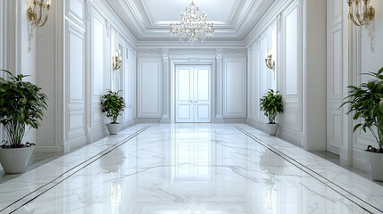 Elegant Hallway: Grand entrance with marble floors, ornate chandeliers, and lush potted plants. A vision of sophistication and classic design. .
