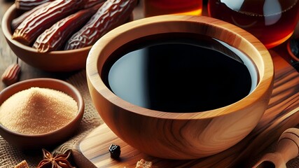 a bowl of black molasses of grapes and pomegranate and dates and carob on a wooden table
