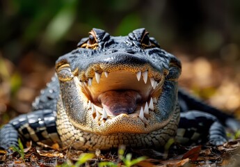 Obraz premium Fierce Close-Up of an Alligator with Open Mouth Displaying Sharp Teeth in Natural Habitat Surrounded by Lush Green Foliage and Sunlight