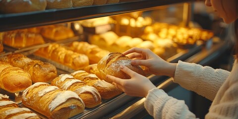 Customer choosing fresh bread in bakery display case