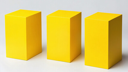 Fototapeta premium Three vibrant yellow rectangular prisms stand in a row on a white surface. The bright blocks create a simple, geometric composition.