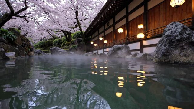 Traditional Ryokan Onsen: A Serene Outdoor Hot Spring with Cherry Blossoms