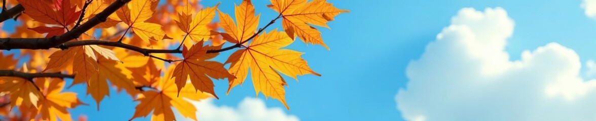 Obraz premium Beautiful golden leaves on branches under a blue sky, tranquility, peaceful