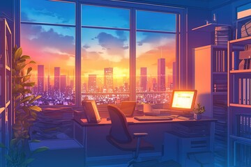 Fototapeta premium Sunset view from cozy office, warm tones, city skyline.